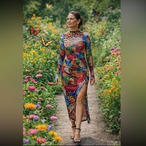 Anthropologie NWT Farm Rio Long-Sleeve Mock- Neck Mesh Slim Midi Dress size XL.